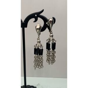 Vintage Park Lane Dangle Clip On Earrings Silver Tone Chain w/ Black Signed